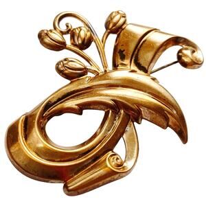 VTG 1940s Brooch Tulip Mid Century Ribbon Floral Scroll Gold Tone Pin